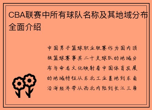 CBA联赛中所有球队名称及其地域分布全面介绍