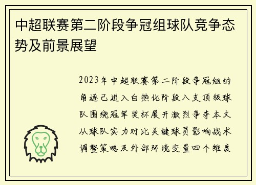 中超联赛第二阶段争冠组球队竞争态势及前景展望